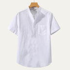 Kortärmad linneskjorta med kinakrage för herr-Shirts for men-Fjallbarn