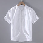 Kortärmad linneskjorta med kinakrage för herr-Shirts for men-Fjallbarn