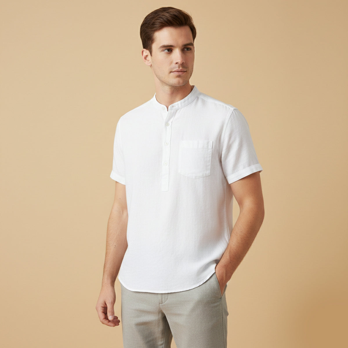 Kortärmad linneskjorta med kinakrage för herr-Shirts for men-Fjallbarn