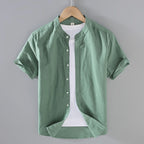 Kortärmad linneskjorta med kinakrage för herr-Shirts for men-Fjallbarn