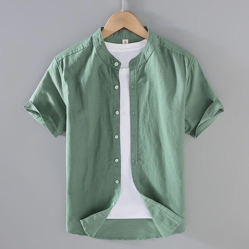 Kortärmad linneskjorta med kinakrage för herr-Shirts for men-Fjallbarn