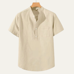 Kortärmad linneskjorta med kinakrage för herr-Shirts for men-Fjallbarn