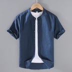 Kortärmad linneskjorta med kinakrage för herr-Shirts for men-Fjallbarn