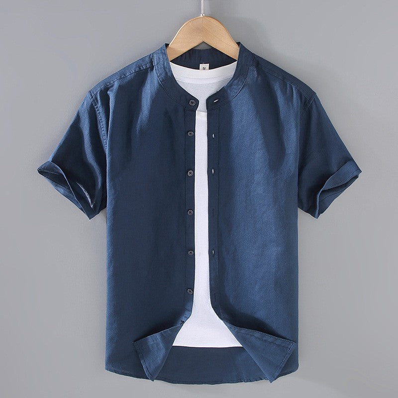Kortärmad linneskjorta med kinakrage för herr-Shirts for men-Fjallbarn