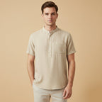 Kortärmad linneskjorta med kinakrage för herr-Shirts for men-Fjallbarn