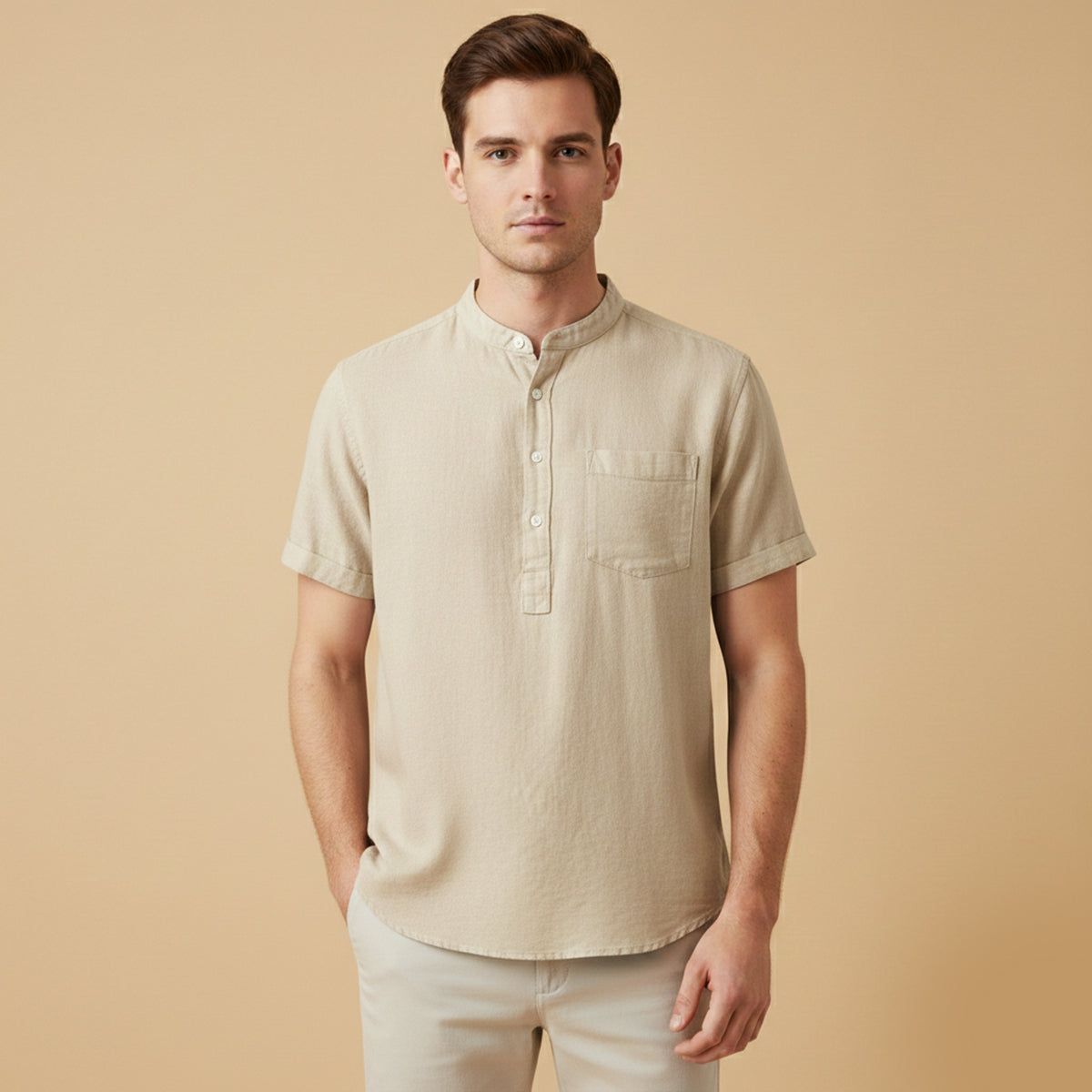 Kortärmad linneskjorta med kinakrage för herr-Shirts for men-Fjallbarn