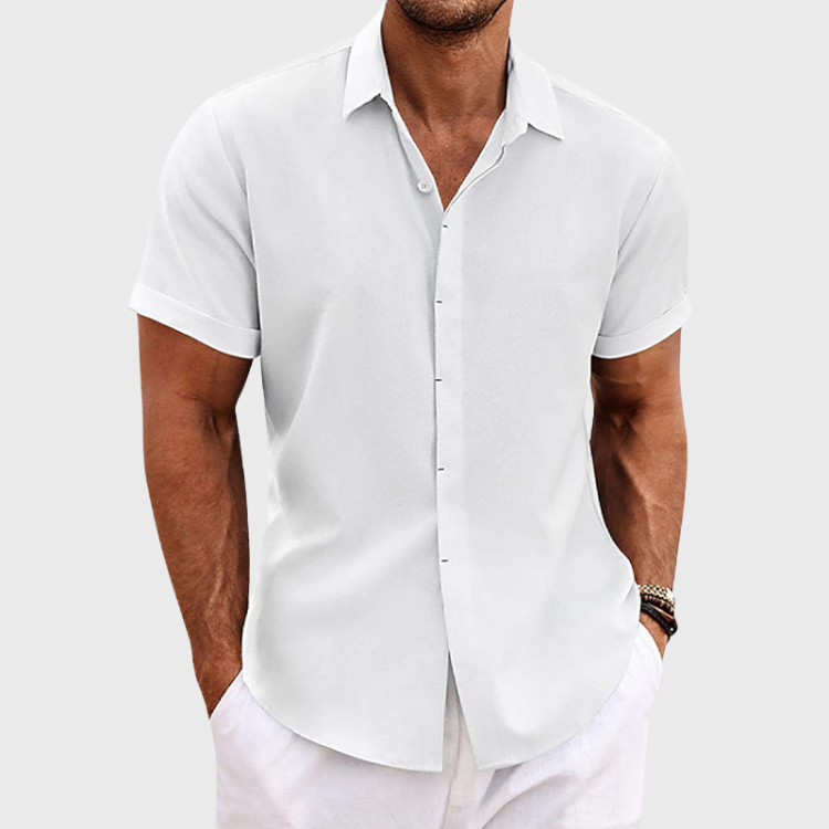 Kortärmad linneskjorta med struktur för herr-Shirts for men-Fjallbarn