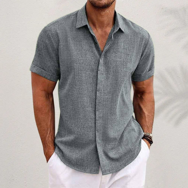 Kortärmad linneskjorta med struktur för herr-Shirts for men-Fjallbarn