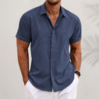 Kortärmad linneskjorta med struktur för herr-Shirts for men-Fjallbarn