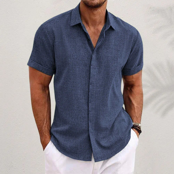 Kortärmad linneskjorta med struktur för herr-Shirts for men-Fjallbarn