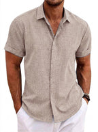Kortärmad linneskjorta med struktur för herr-Shirts for men-Fjallbarn
