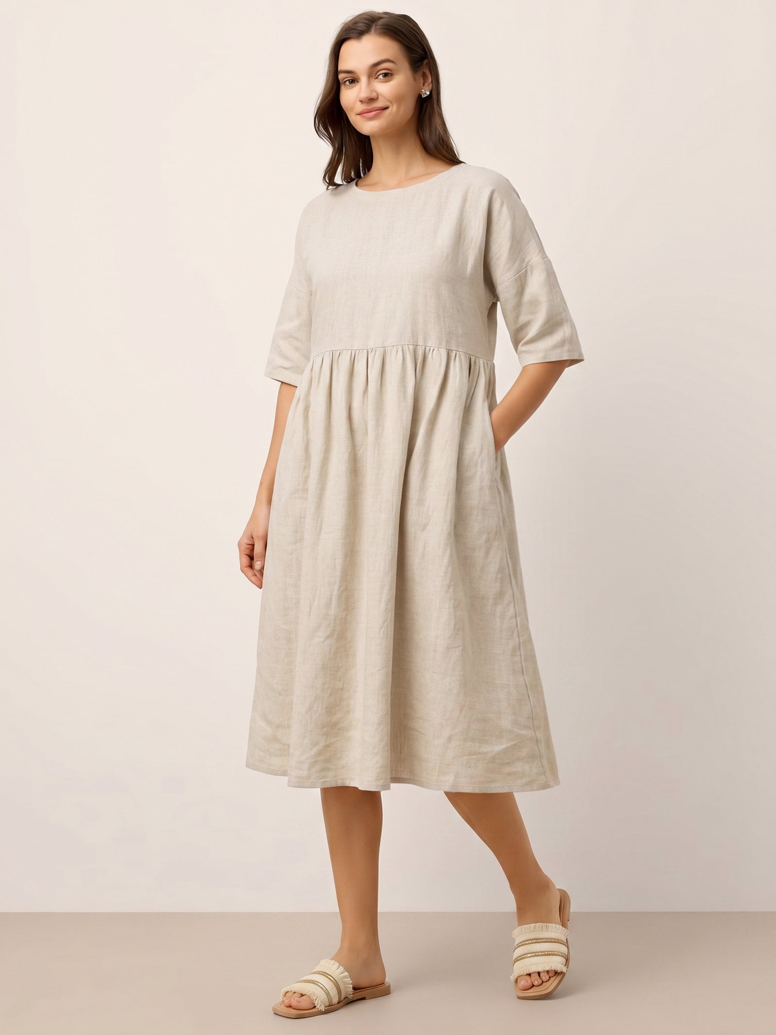 Kortärmad midiklänning i linne för dam-Midi Dress-Fjallbarn