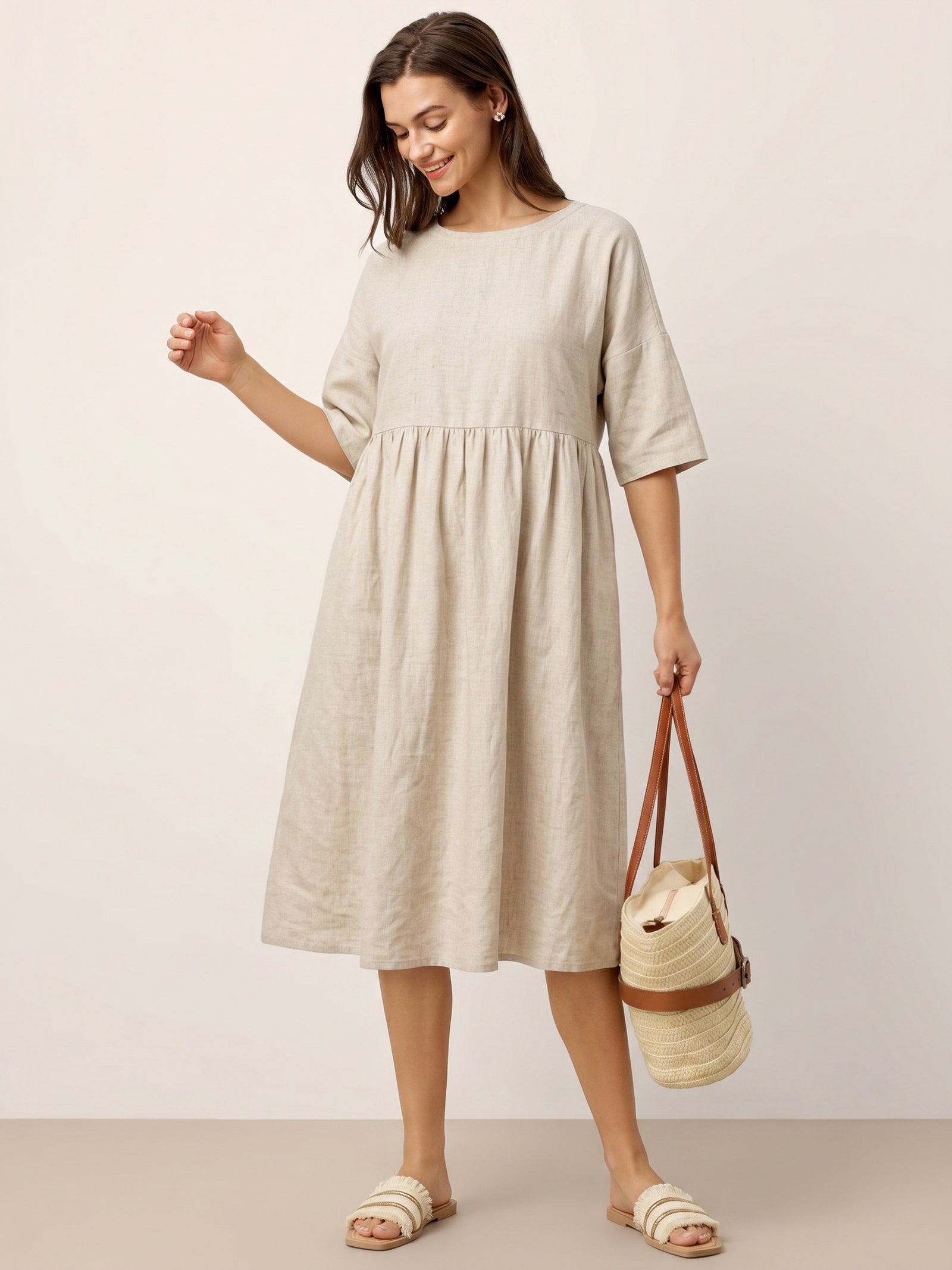 Kortärmad midiklänning i linne för dam-Midi Dress-Fjallbarn