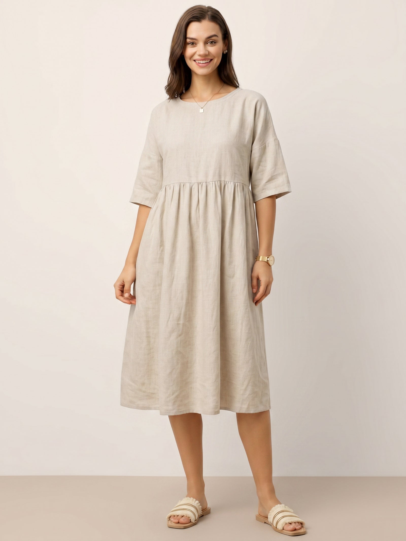 Kortärmad midiklänning i linne för dam-Midi Dress-Fjallbarn