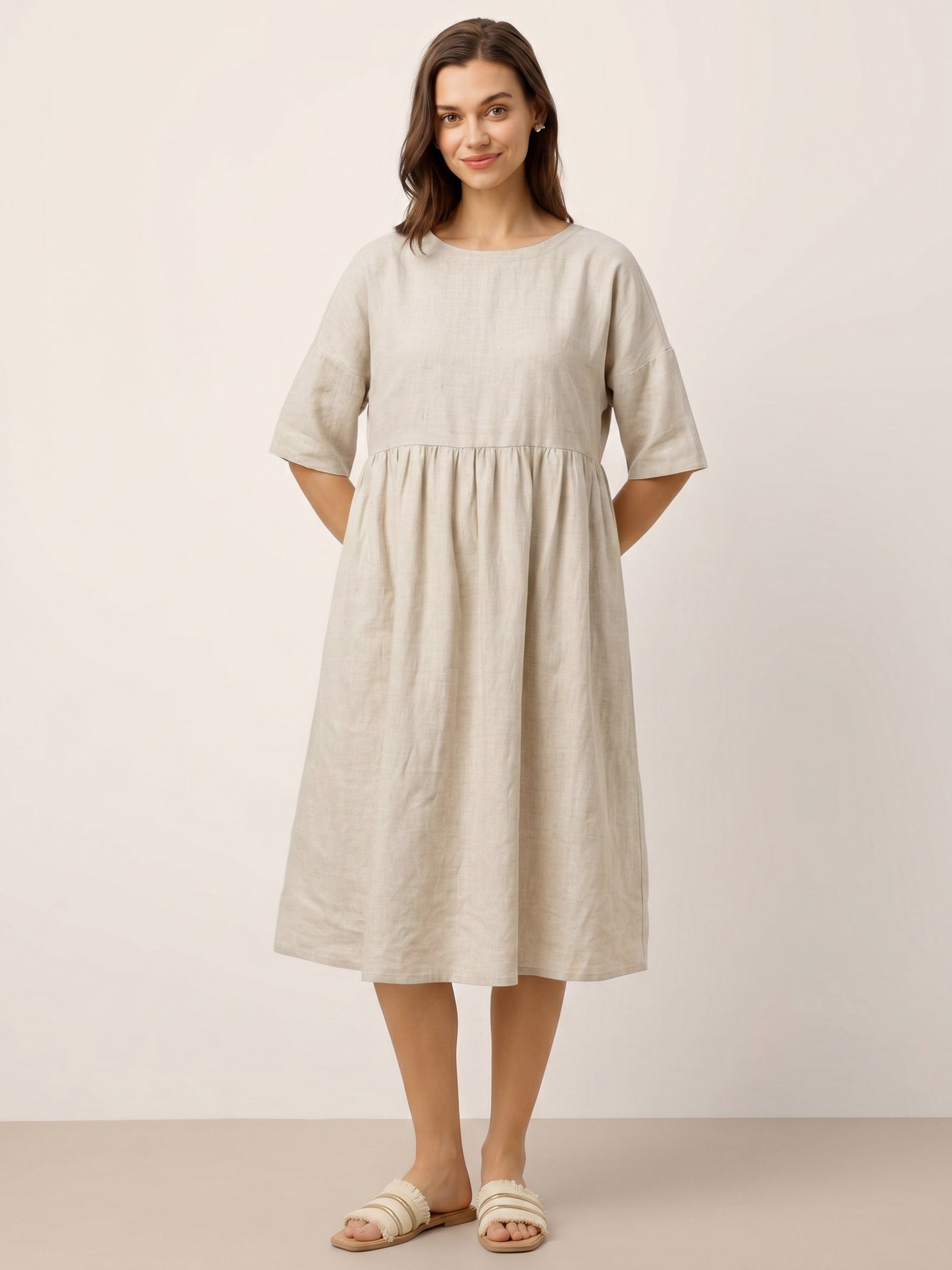 Kortärmad midiklänning i linne för dam-Midi Dress-Fjallbarn