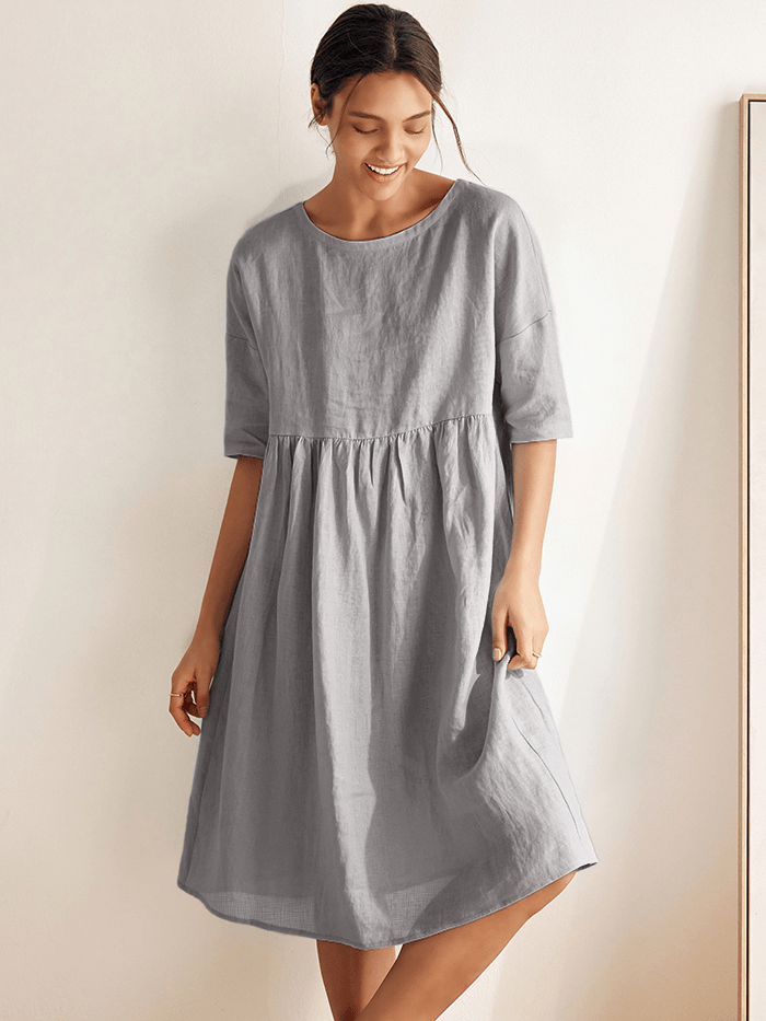 Kortärmad midiklänning i linne för dam-Midi Dress-Fjallbarn