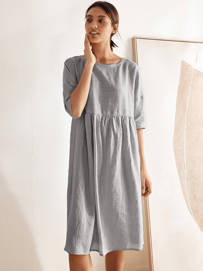 Kortärmad midiklänning i linne för dam-Midi Dress-Fjallbarn