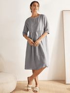 Kortärmad midiklänning i linne för dam-Midi Dress-Fjallbarn