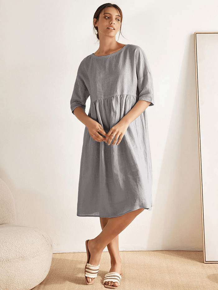 Kortärmad midiklänning i linne för dam-Midi Dress-Fjallbarn