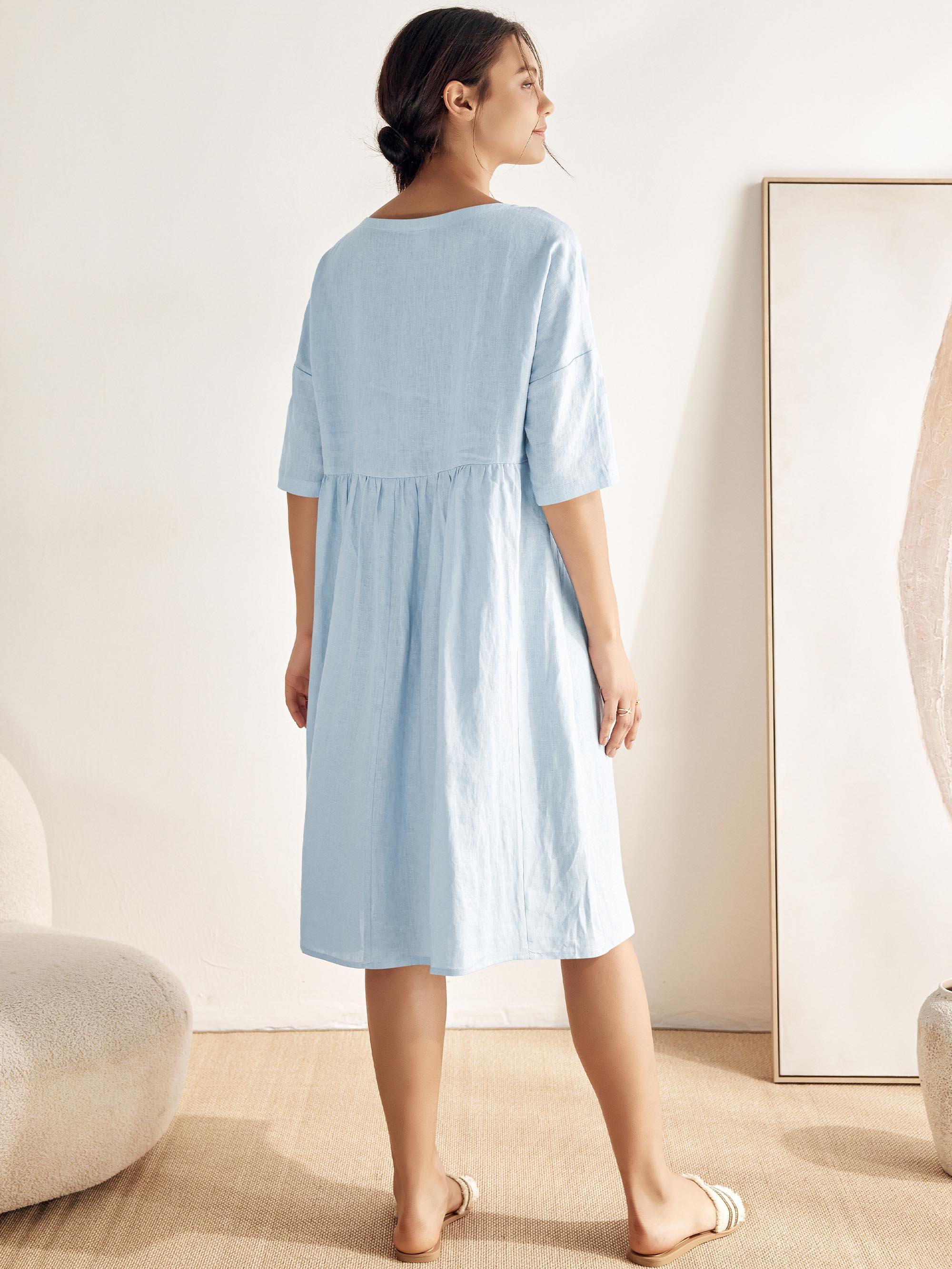 Kortärmad midiklänning i linne för dam-Midi Dress-Fjallbarn