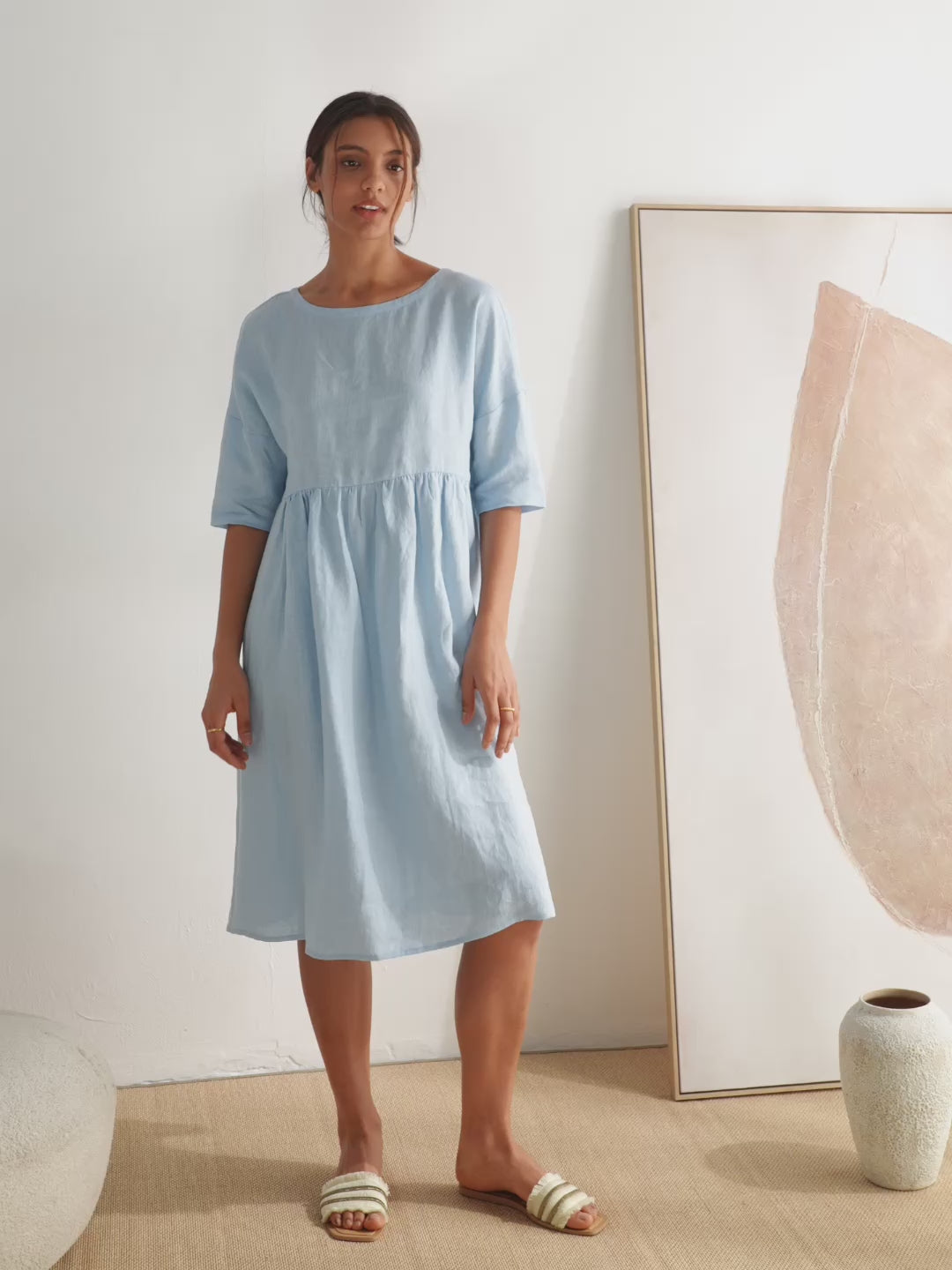 Kortärmad midiklänning i linne för dam-Midi Dress-Fjallbarn