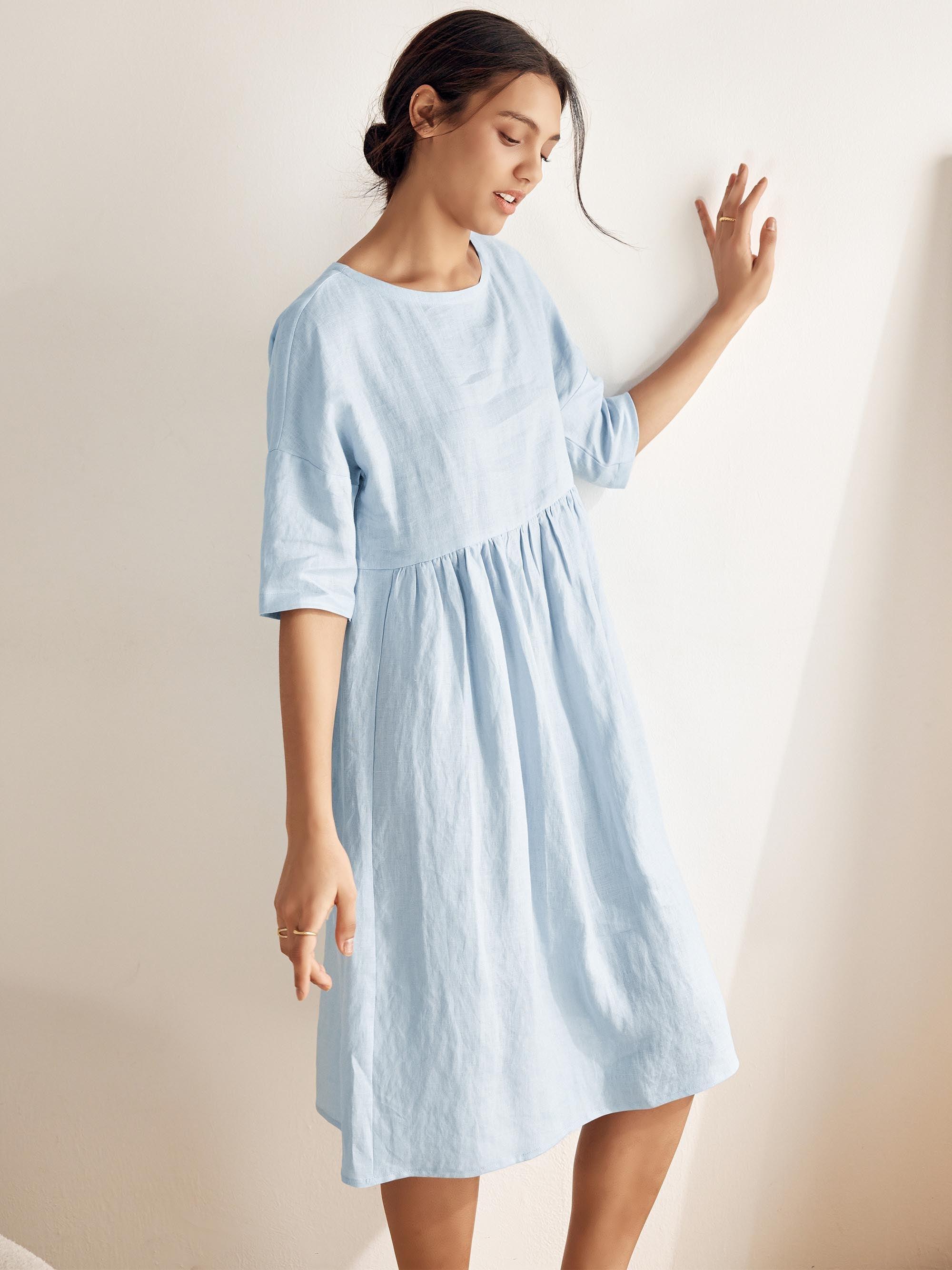 Kortärmad midiklänning i linne för dam-Midi Dress-Fjallbarn
