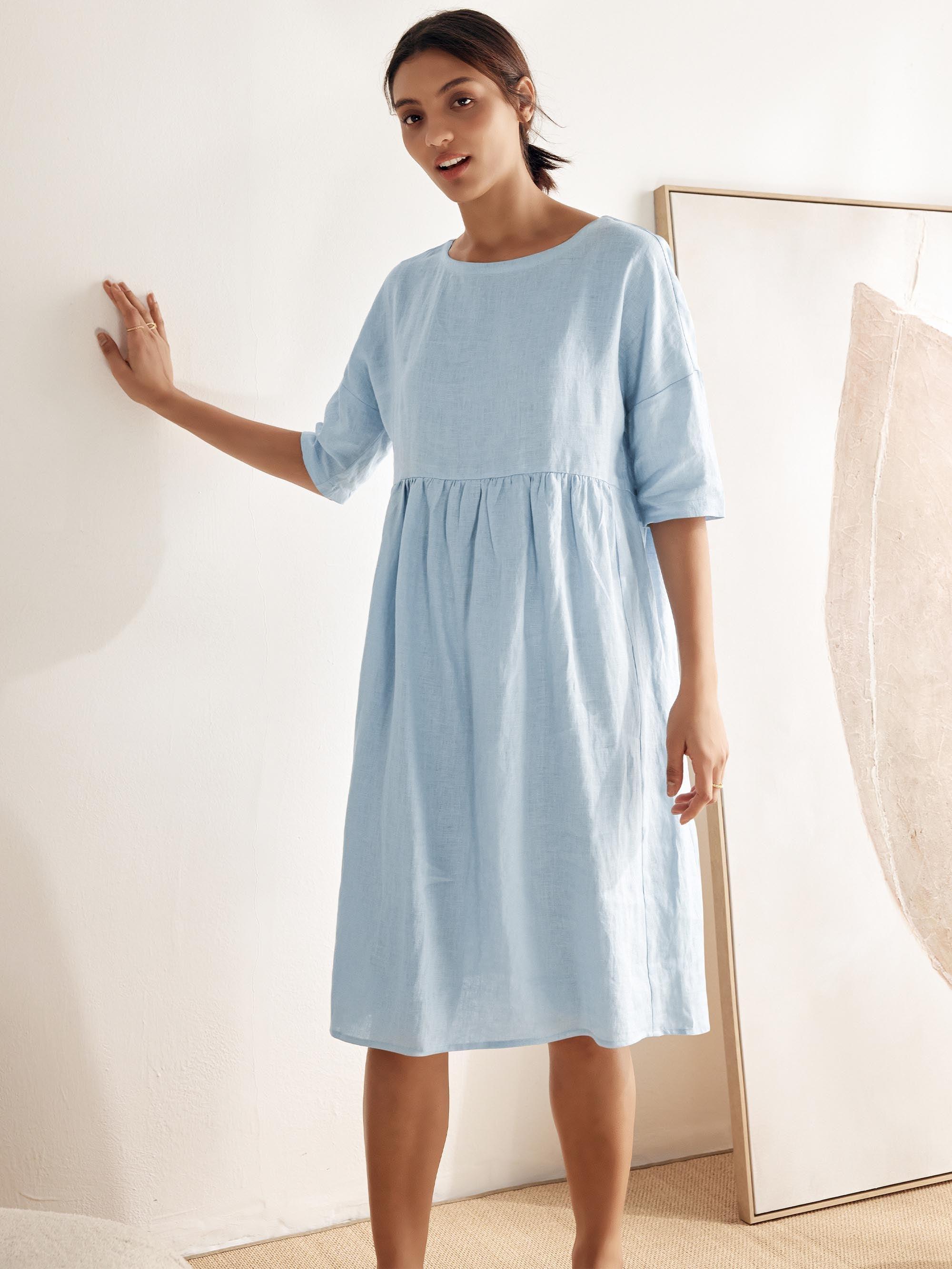 Kortärmad midiklänning i linne för dam-Midi Dress-Fjallbarn