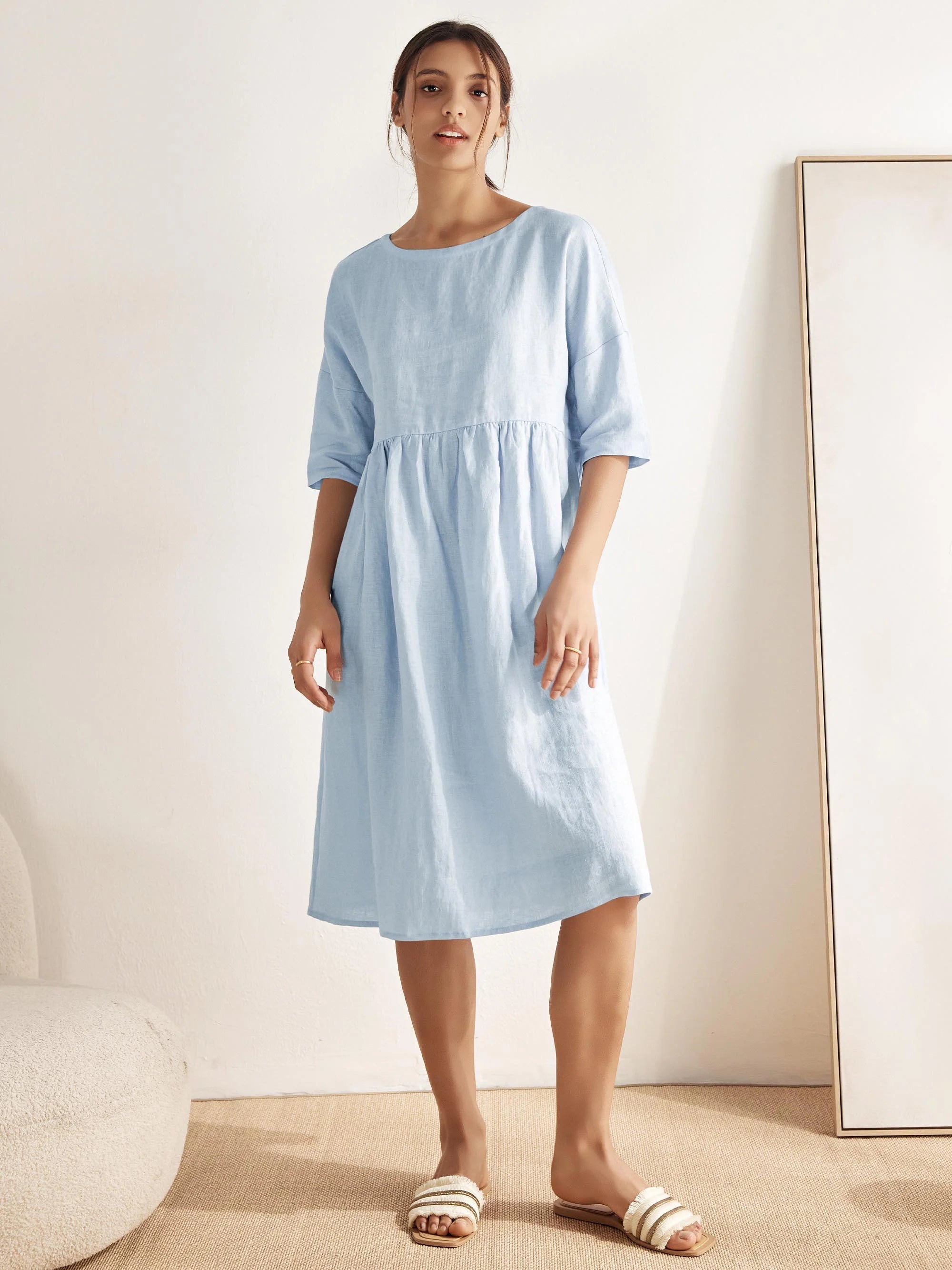 Kortärmad midiklänning i linne för dam-Midi Dress-Fjallbarn