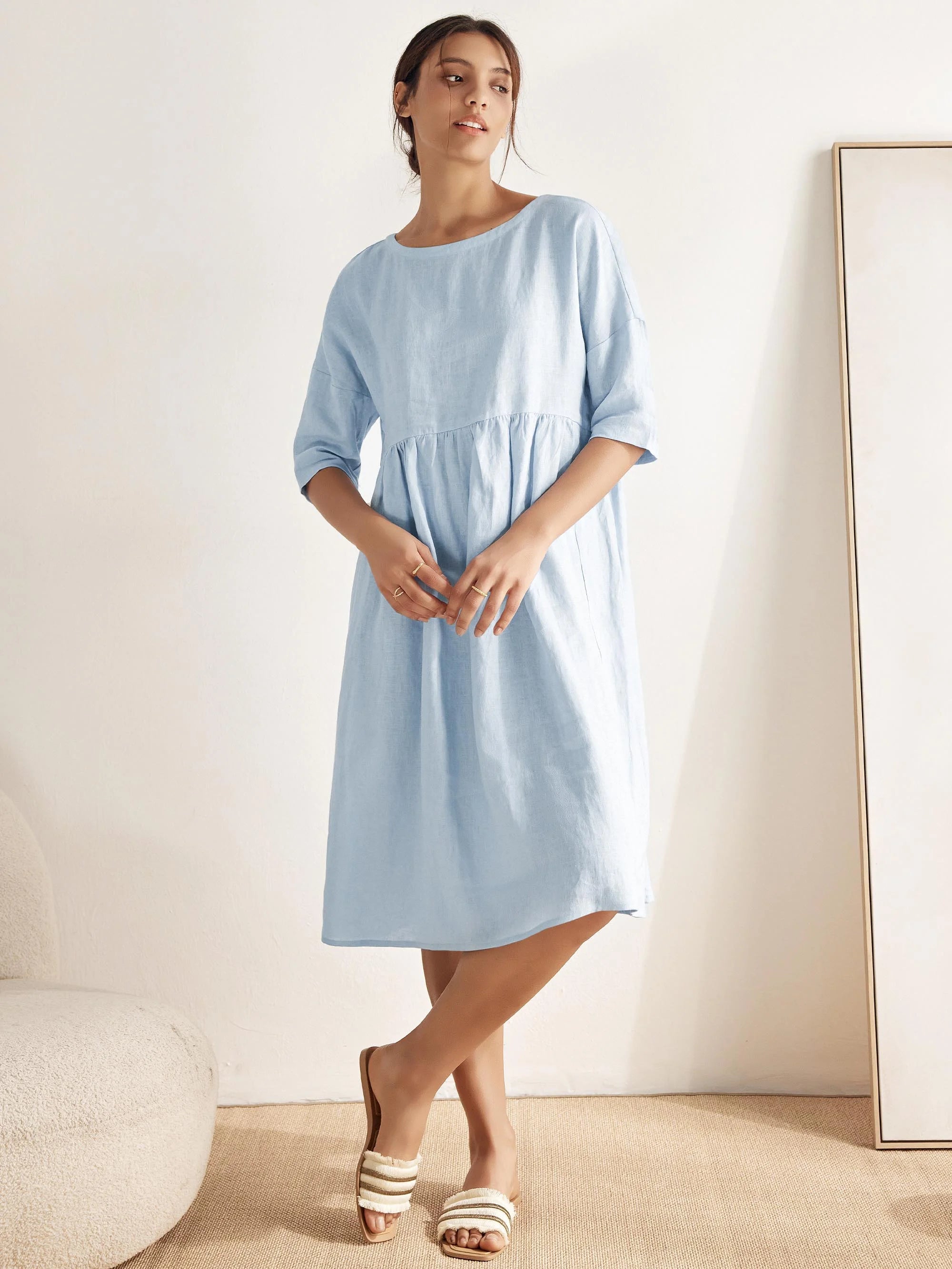 Kortärmad midiklänning i linne för dam-Midi Dress-Fjallbarn