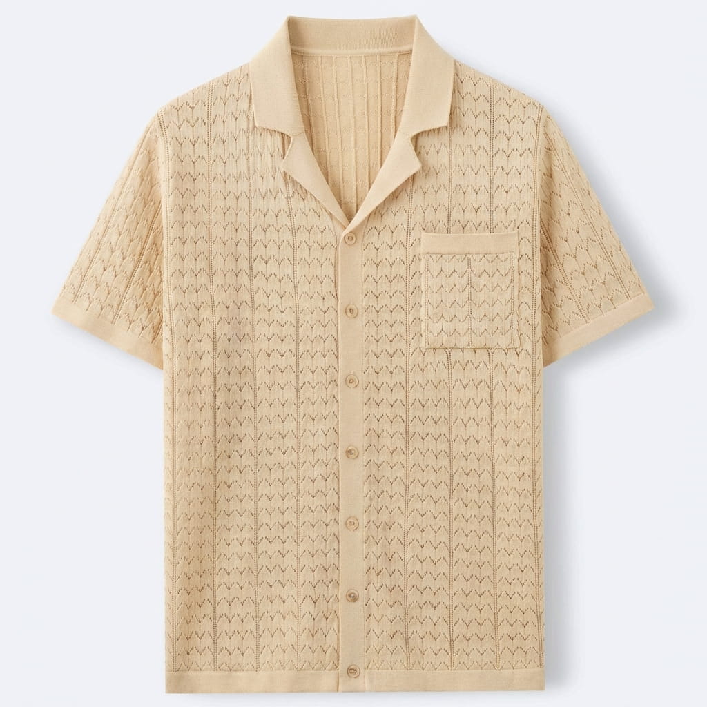 Kortärmad strukturstickad pikétröja för herr-Shirts for men-Fjallbarn