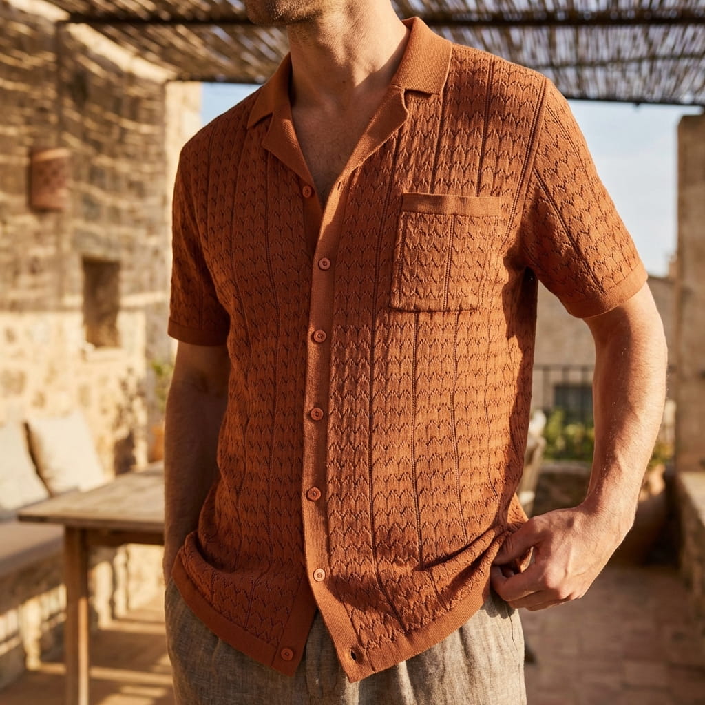 Kortärmad strukturstickad pikétröja för herr-Shirts for men-Fjallbarn