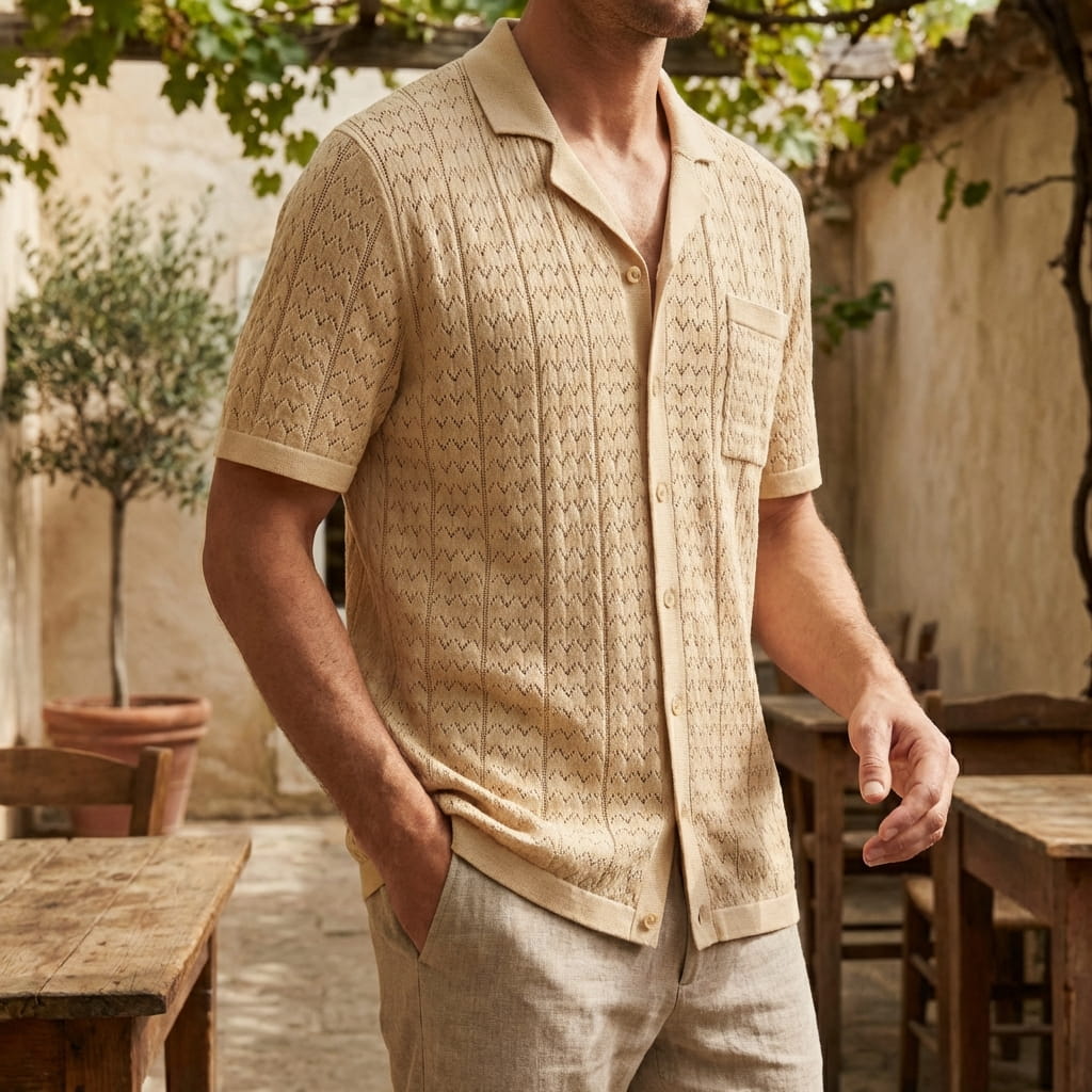 Kortärmad strukturstickad pikétröja för herr-Shirts for men-Fjallbarn