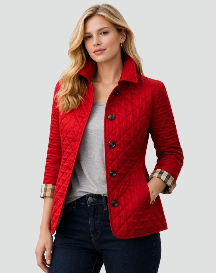 Kviltad jacka med knappar fram och rutiga muddar för dam-Jacket for women-Fjallbarn
