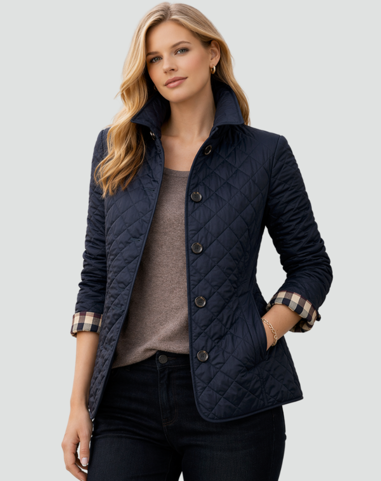 Kviltad jacka med knappar fram och rutiga muddar för dam-Jacket for women-Fjallbarn
