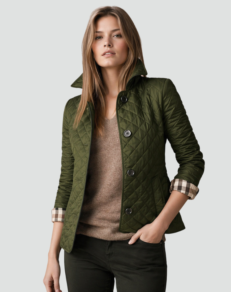 Kviltad jacka med knappar fram och rutiga muddar för dam-Jacket for women-Fjallbarn