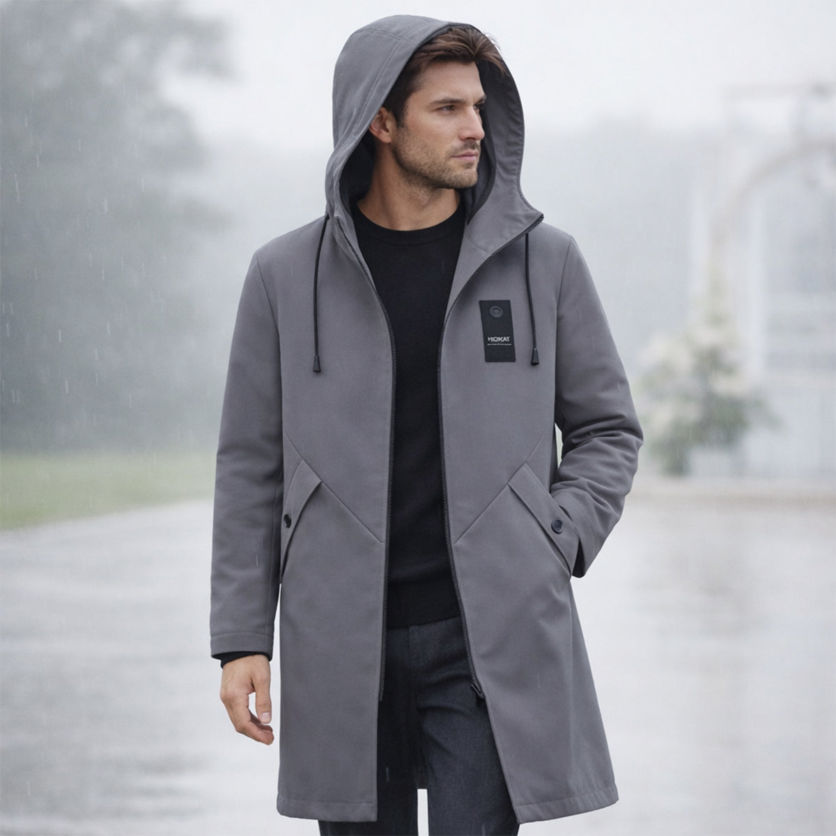 Lång huvjacka för män med dragsko och dragkedja fram-Jackets for men-Fjallbarn