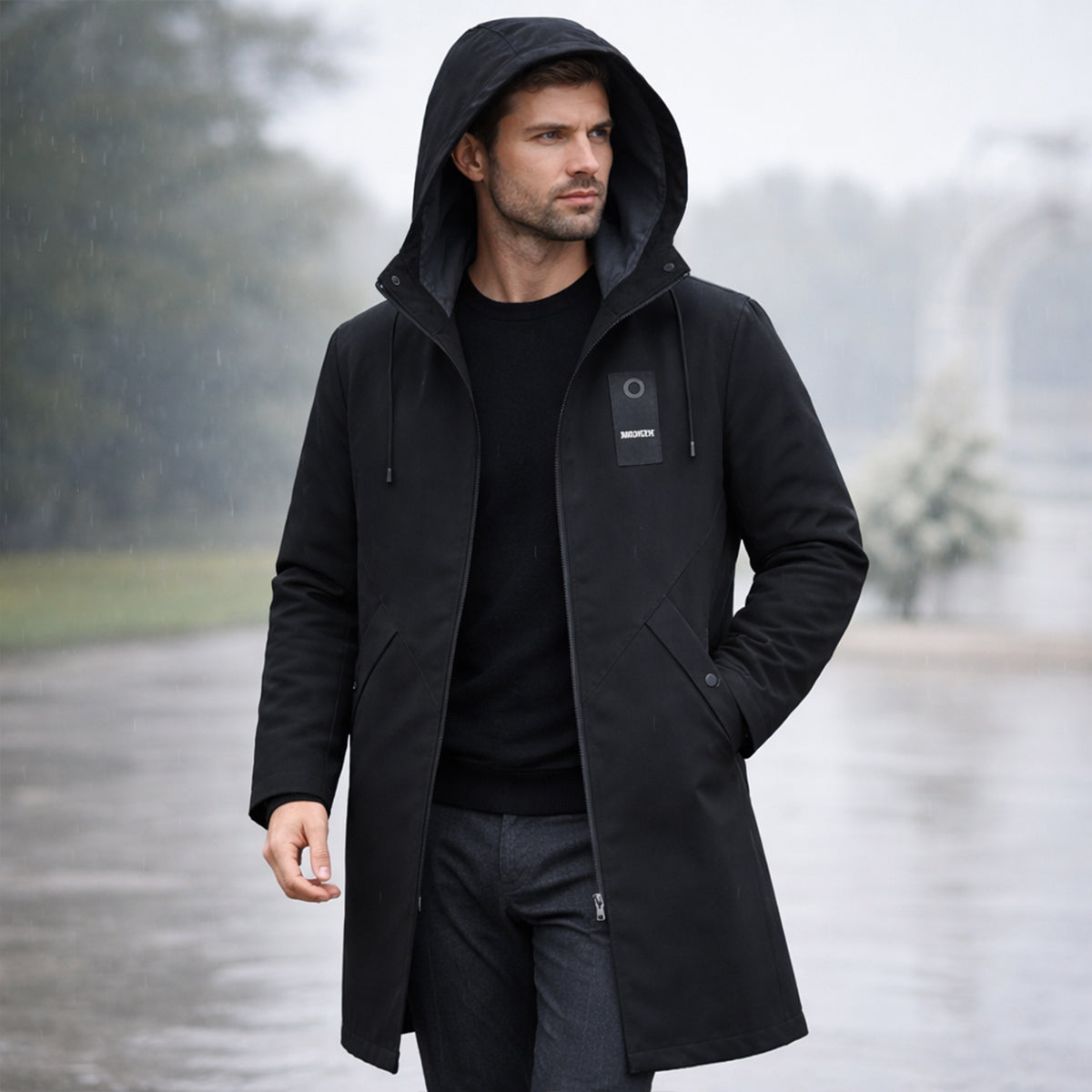 Lång huvjacka för män med dragsko och dragkedja fram-Jackets for men-Fjallbarn