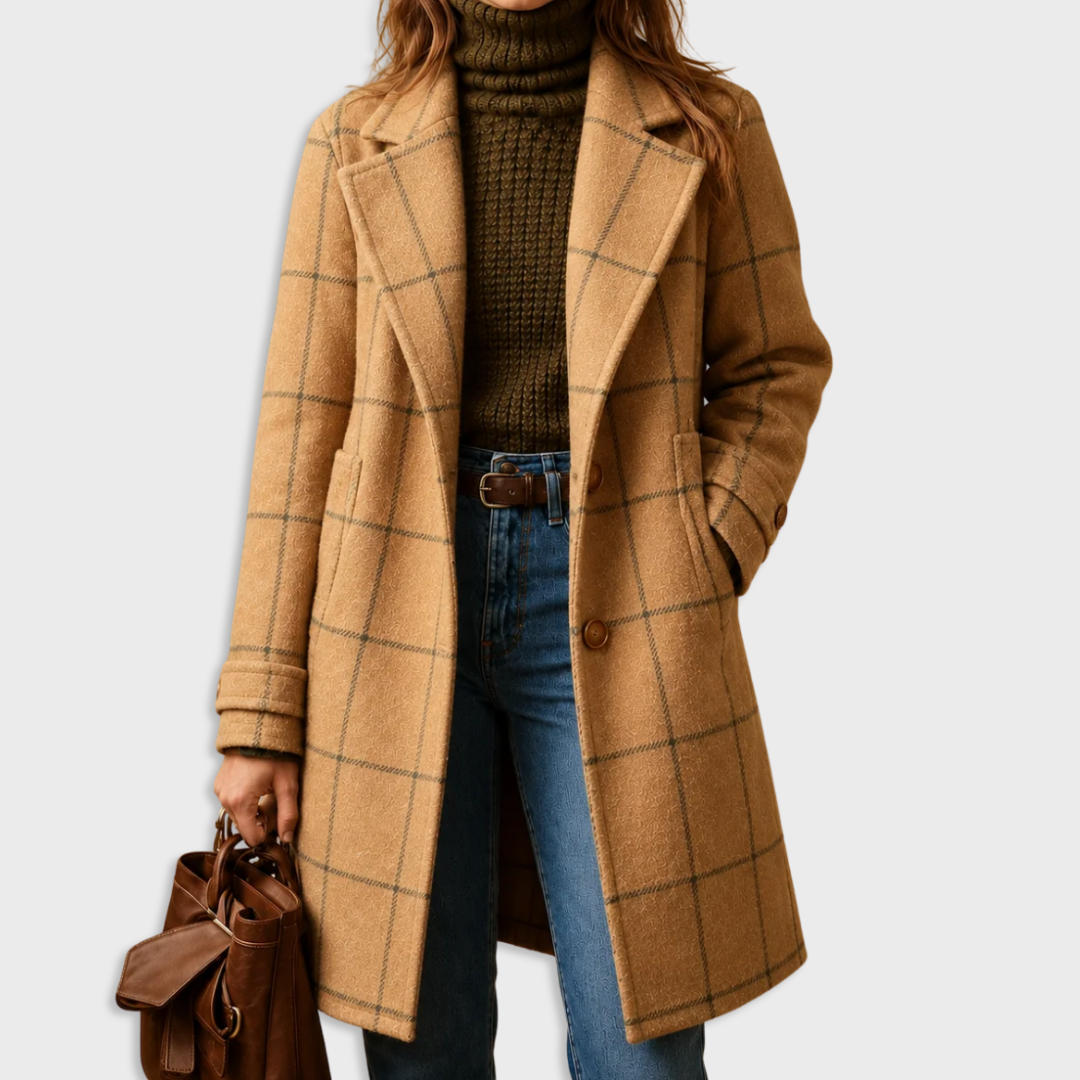 Lång kappa med rutigt mönster för dam-Coats for women-Fjallbarn