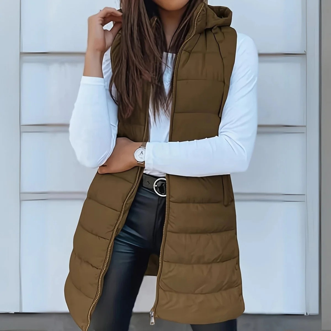 Lång puffer-väst med huva för dam-Vest for women-Fjallbarn