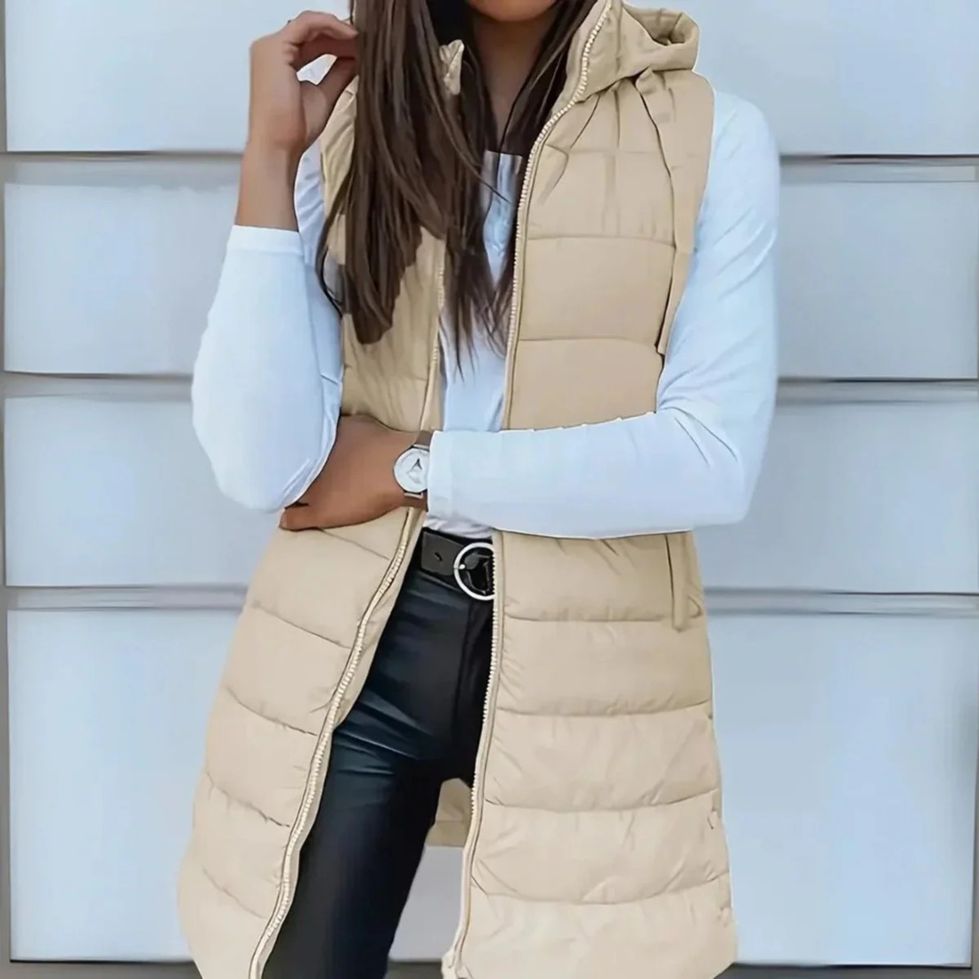 Lång puffer-väst med huva för dam-Vest for women-Fjallbarn