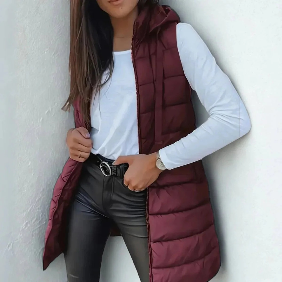 Lång puffer-väst med huva för dam-Vest for women-Fjallbarn