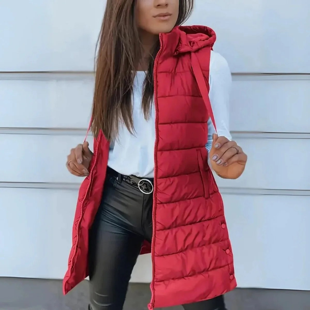 Lång puffer-väst med huva för dam-Vest for women-Fjallbarn