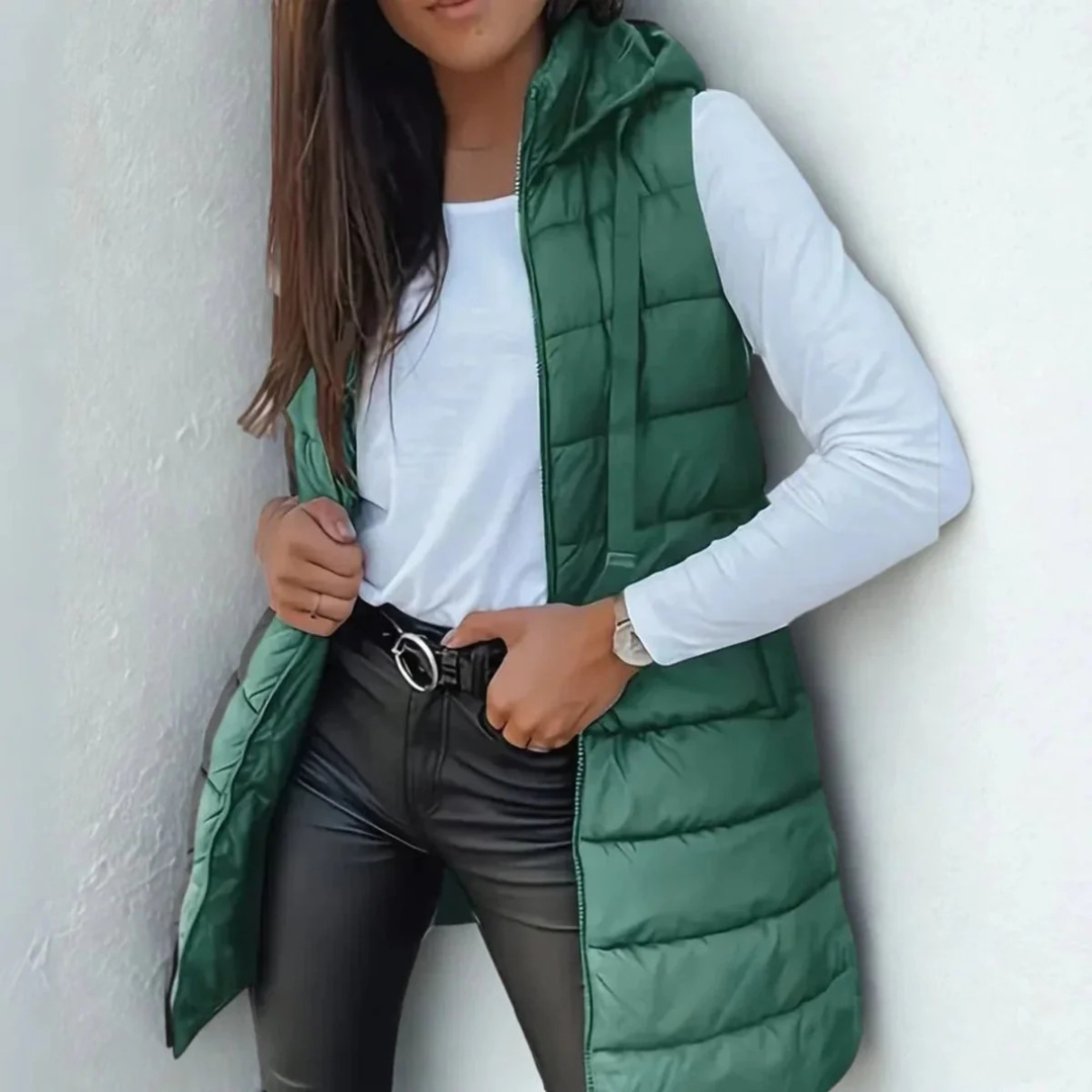 Lång puffer-väst med huva för dam-Vest for women-Fjallbarn