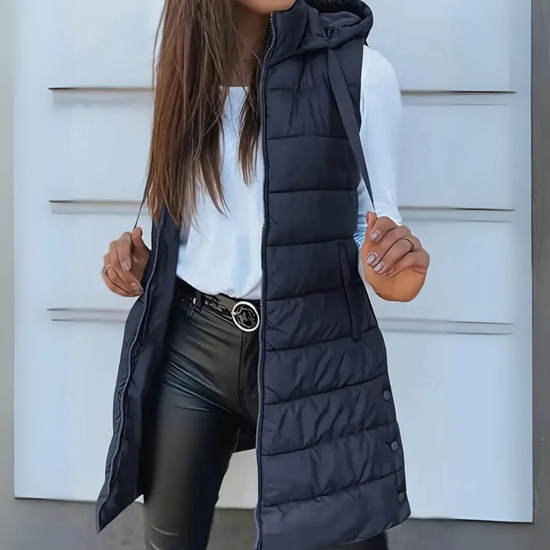 Lång puffer-väst med huva för dam-Vest for women-Fjallbarn