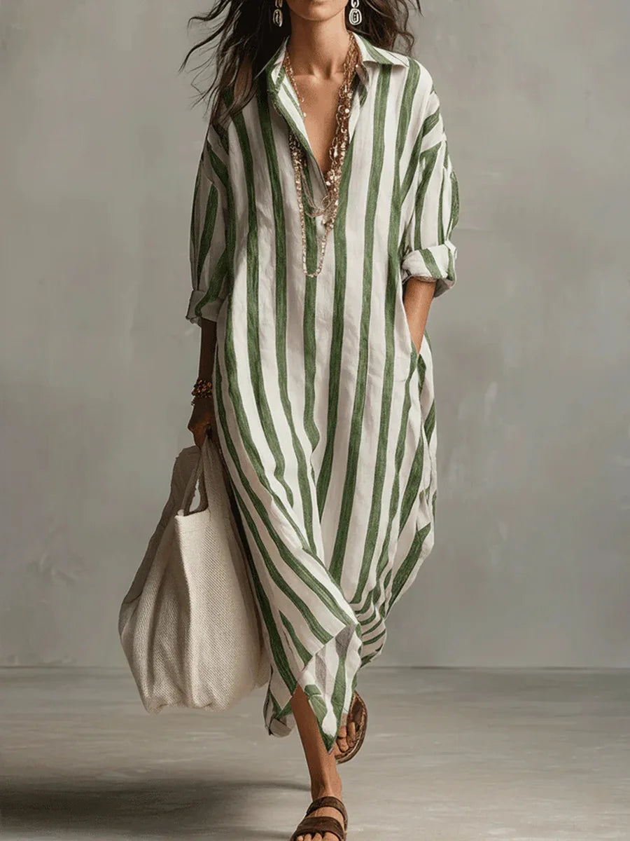 Lång randig skjortklänning för dam-Maxi Dress-Fjallbarn