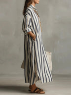 Lång randig skjortklänning för dam-Maxi Dress-Fjallbarn