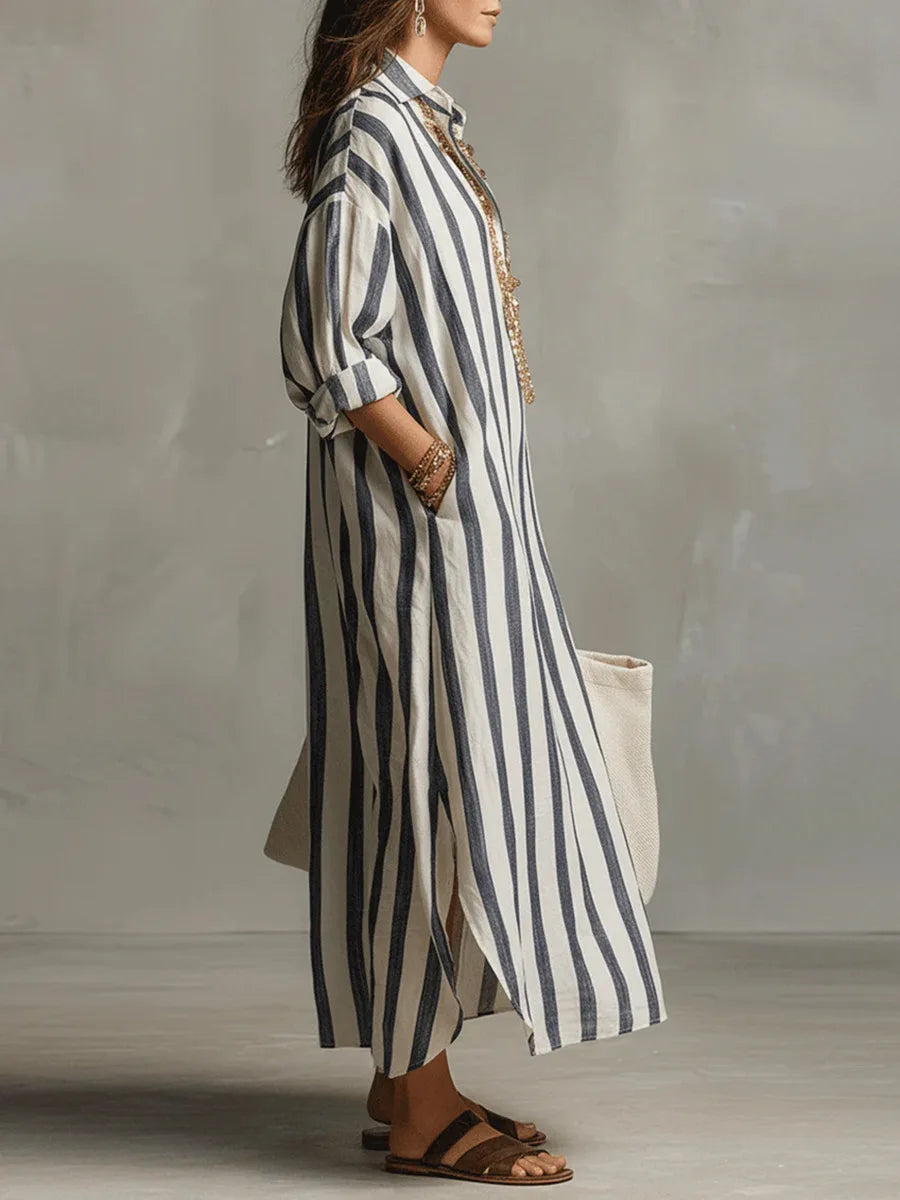 Lång randig skjortklänning för dam-Maxi Dress-Fjallbarn