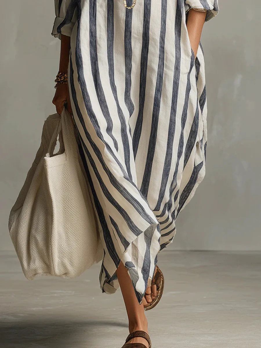 Lång randig skjortklänning för dam-Maxi Dress-Fjallbarn