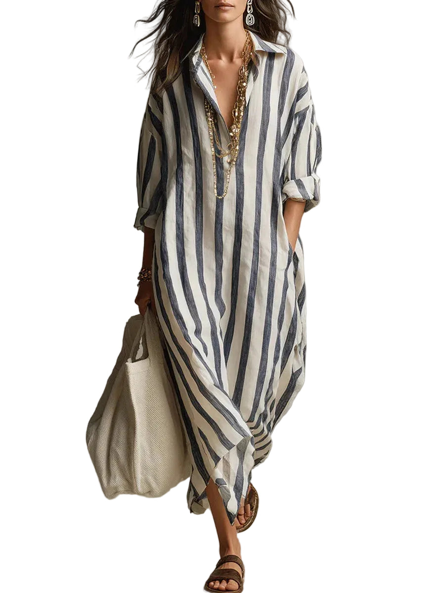 Lång randig skjortklänning för dam-Maxi Dress-Fjallbarn