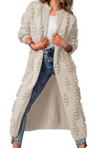 Lång stickad kofta med pom-poms för dam-Cardigan for women-Fjallbarn